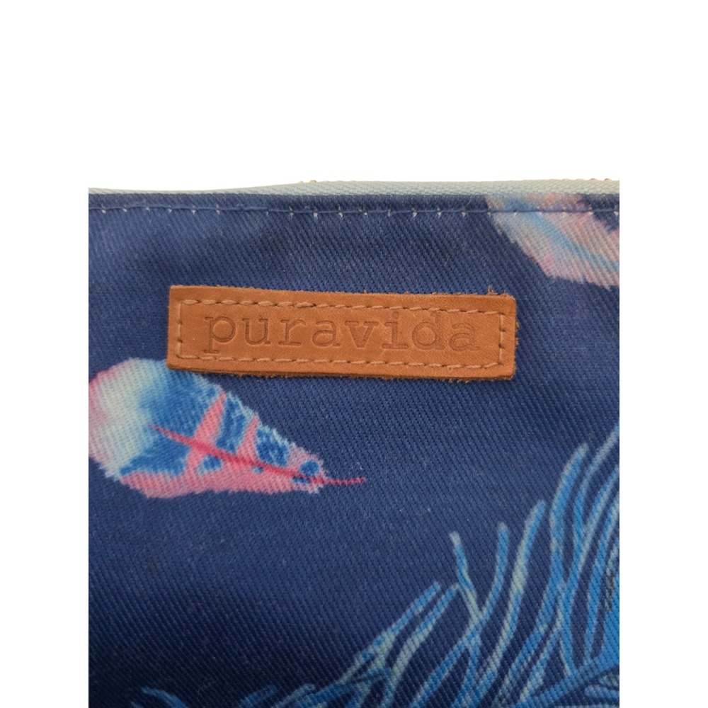 Pura Vida Navy Blue Peacock‎ Feather Print Canvas Pouch Makeup Bag Zippered Case - Picture 2 of 11